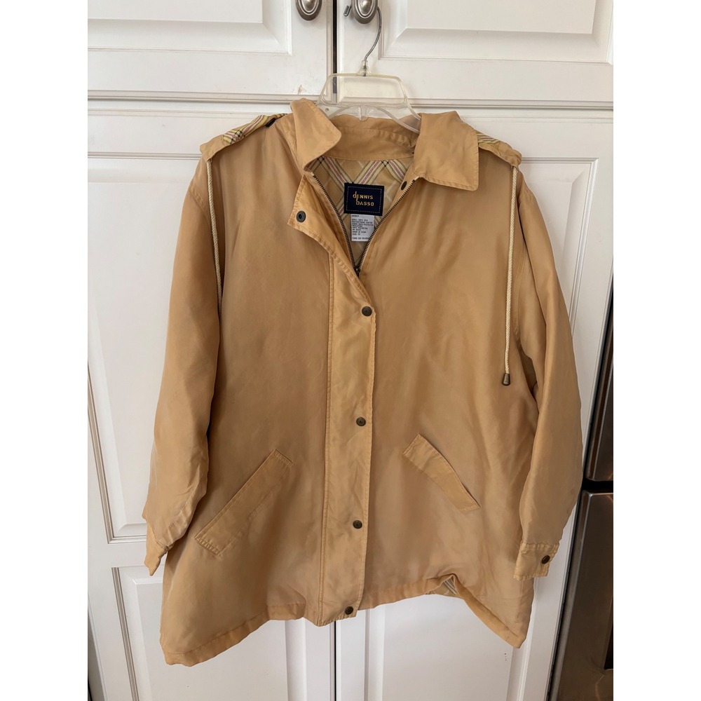 Dennis Basso Tan 100% Silk Hooded Jacket Womens 1X A55824 Plaid‎ Lined Coat